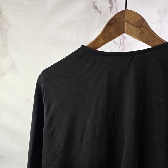 eshakti Top Womens Large 14 Black Floral Embroidered Mesh Pleated Long Sleeve V - Picture 6 of 12